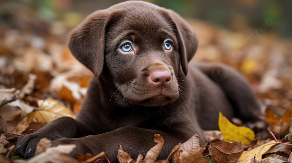 Picture of: Chocolate Lab Puppy Laying On Leaves With Blue Eyes Background